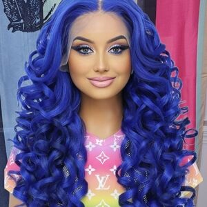 Vibrant Blue Curly Lace Front Wig Free Part